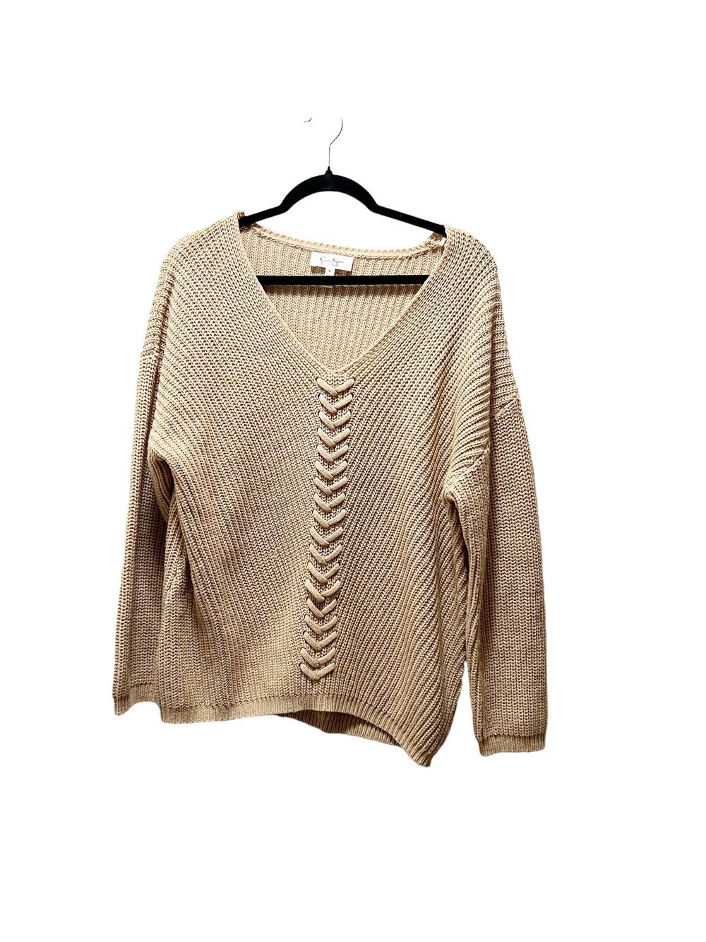 Jessica Simpson Pullover Sweater Laced Front Knitted V-Neck Long Sleeve Beige M